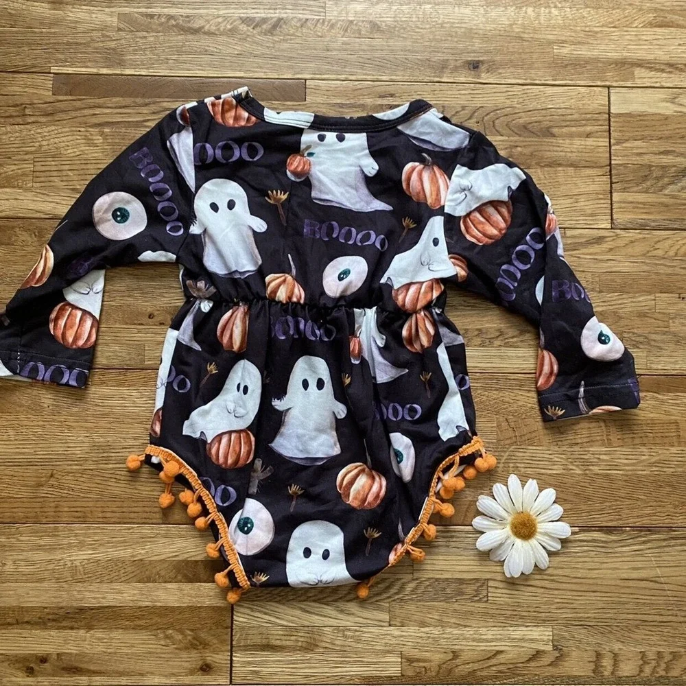 Halloween Ghost And Pumpkin‎ Romper With Pom Poms Size 90